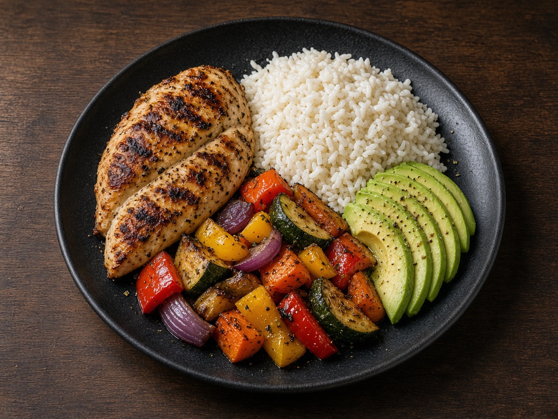 Chicken, rice, and vegetables logged against a client’s calorie target